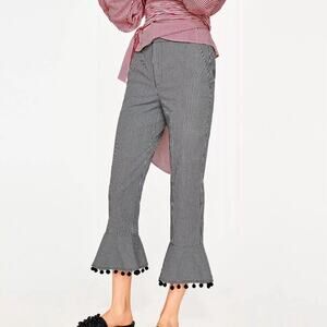 ZARA SS17 GINGHAM TROUSERS POMPOMS BLACK WHITE CHECKED SIZE XS